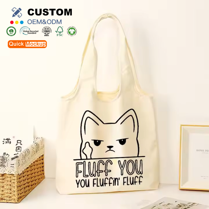 Wholesale environmentally friendly reusable screen printed cotton canvas tote bag, customized color logo design, letter pattern zipper