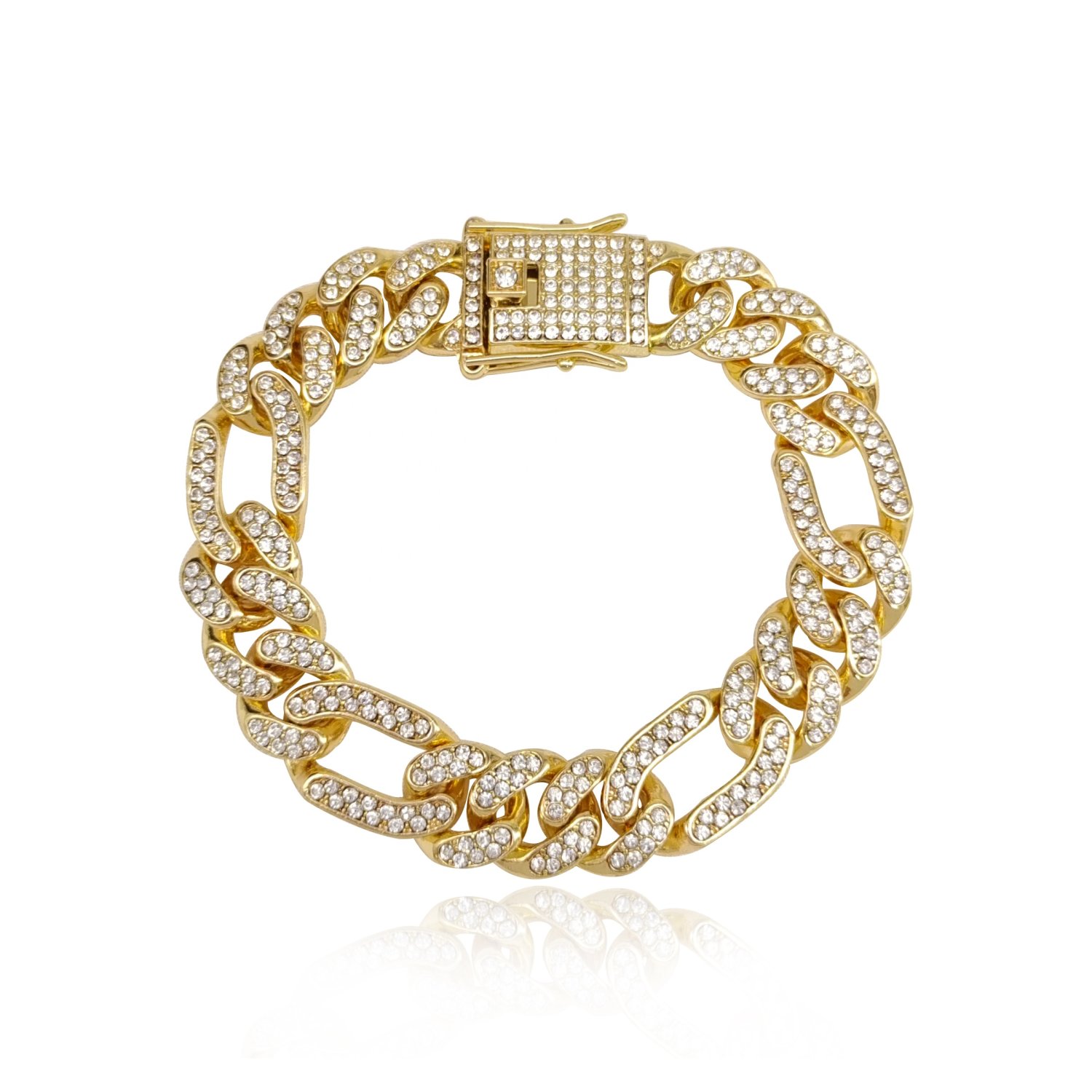 14mm wide 14k gold luxury hip-hop micro zirconia joyerias figaro diamond chain bracelet silver plated jewelry women's and men's clothing