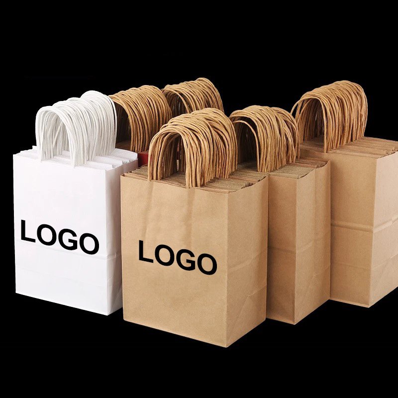 Wholesale packaging handle kraft paper craft brown white food reusable shopping custom recycling take away paper bag with your own logo