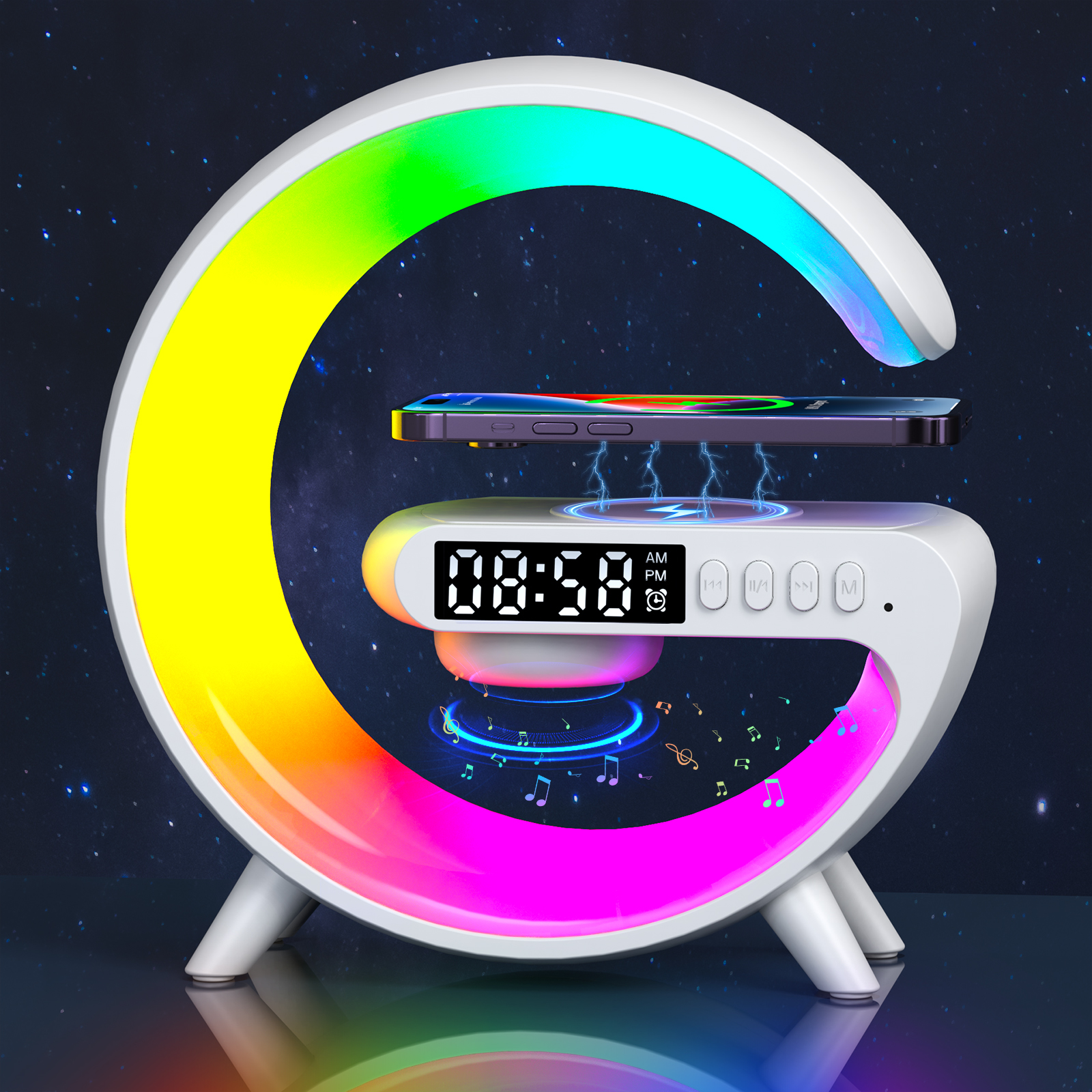 Multi functional smart speaker, wireless audio, mobile phone charging, smart alarm clock, sleep light app, atmosphere control, mini G-light